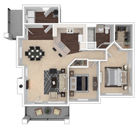 A floor plan of a house with a living room, kitchen, and two bedrooms.